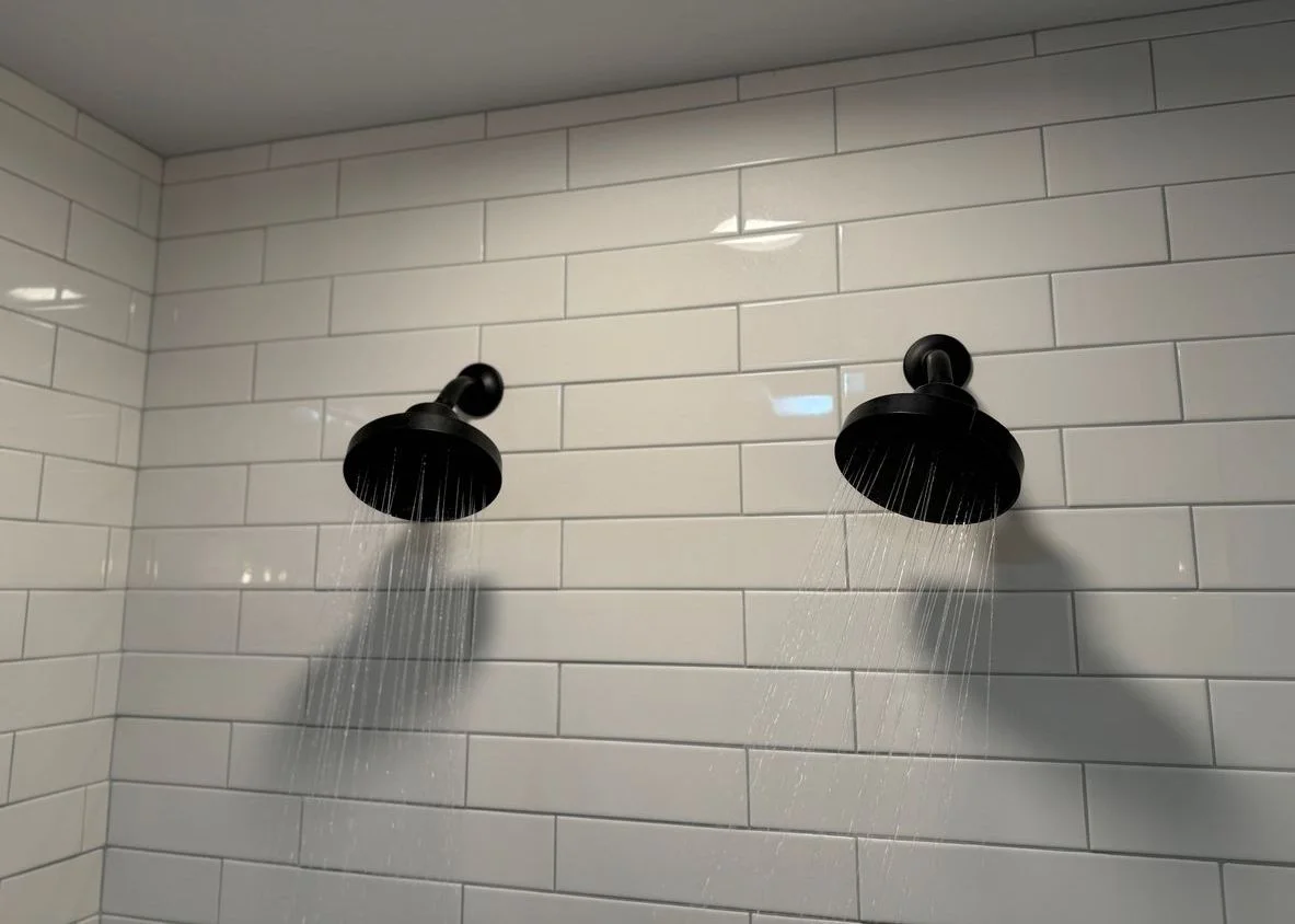 custom subway tile with two shower heads in bathroom
