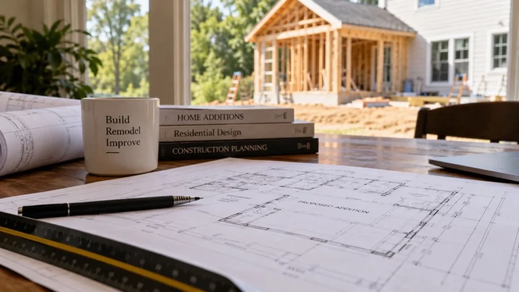 someone sitting in their home looking at building plans with a home addition in the background
