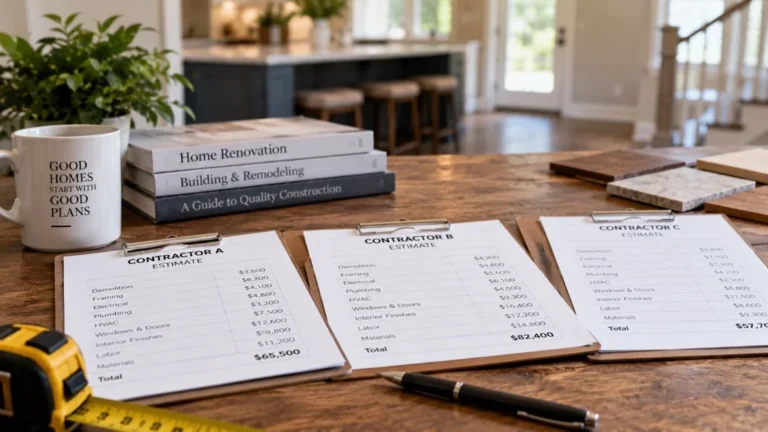 homeowner sitting at table looking at quotes from three different contractors