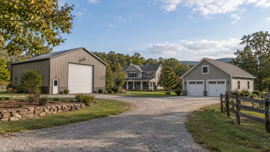 pole barn and stick built garage on a virginia property in central VA
