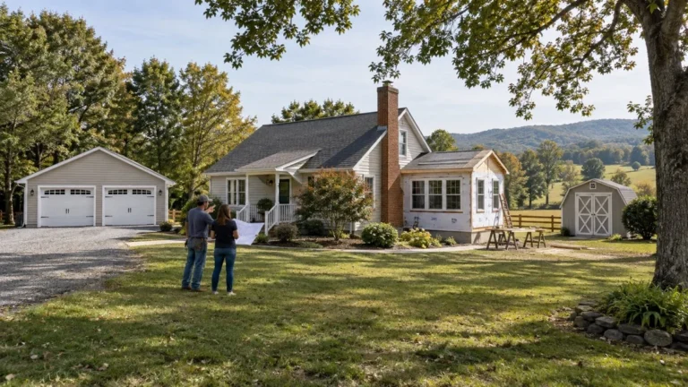 a couple looking at their home deciding with a contractor between a barn a shed or a home addition